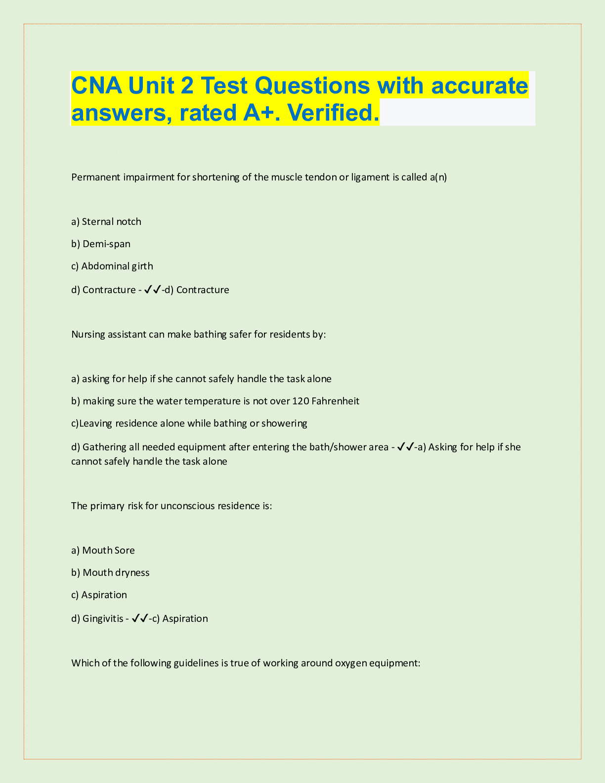 Preview image for CNA Unit 2 Test Questions with accurate  answers, rated A+. Verified.